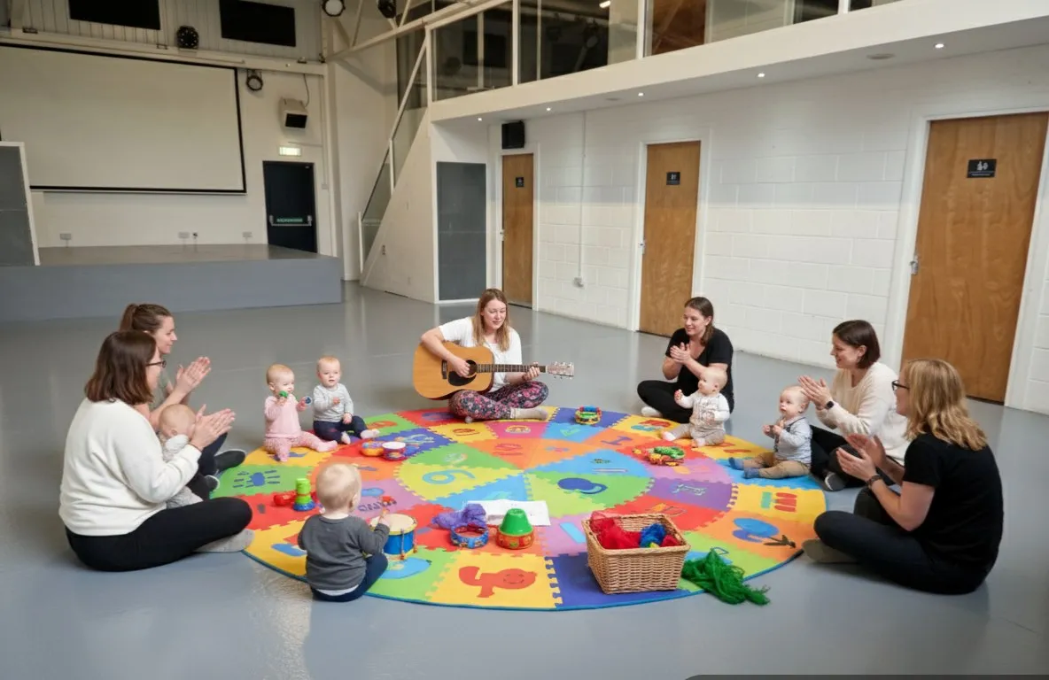 Parents and babies at a music class on a colourful mat in the hall