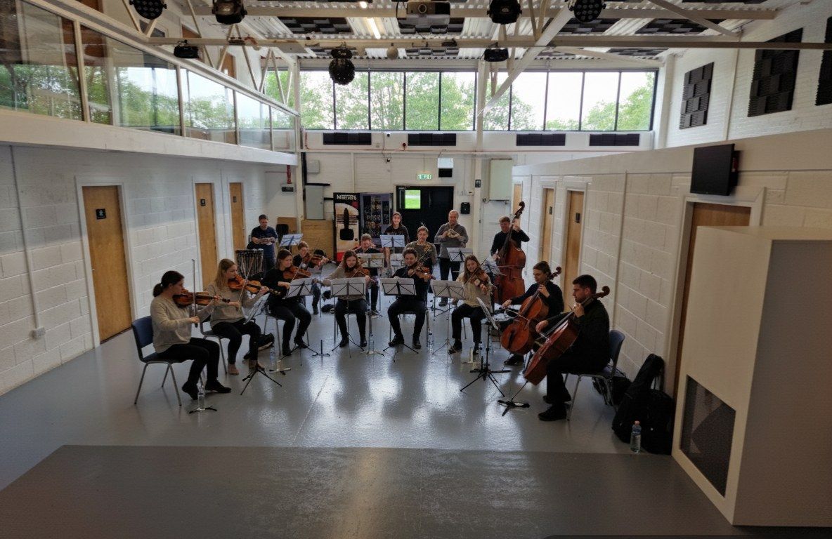 A string group rehearsing together in the hall