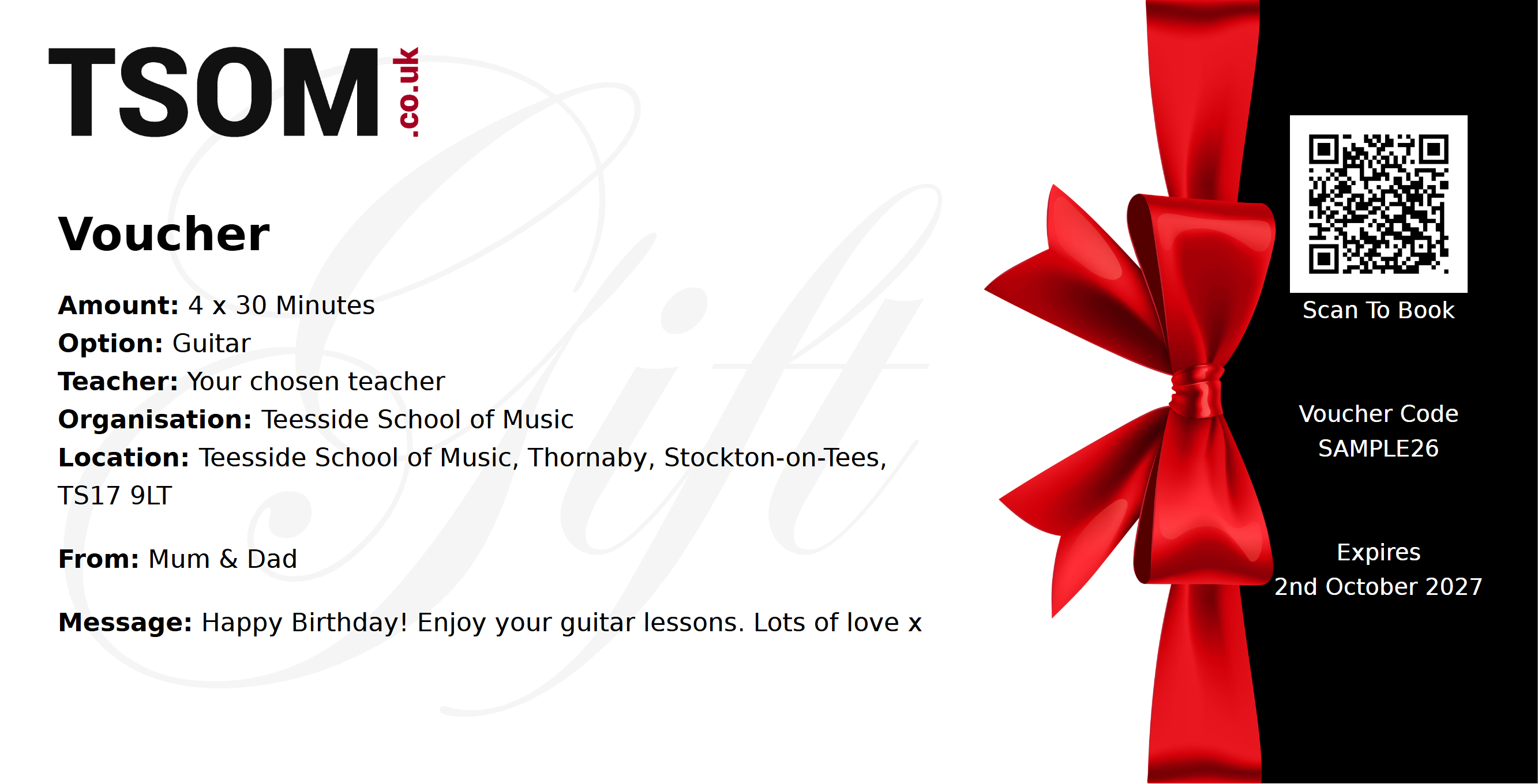 A sample Teesside School of Music gift voucher for four 30-minute guitar lessons, with a Happy Birthday message and a QR code to book