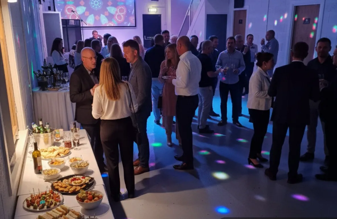 Guests mingling at a private social event in the hall